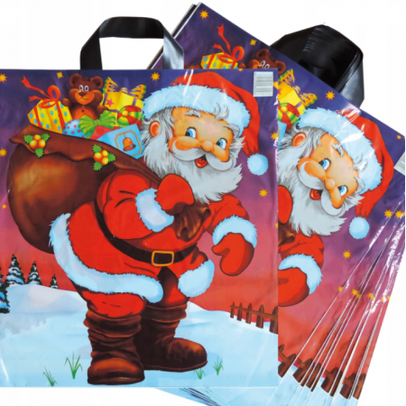 Reklamówki świąteczne, torba z uchem MIKOŁAJ Z PREZENTAMI  40x45cm - grubość 35 mikrony op. 50sztuk